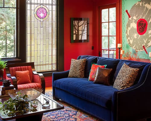 red and teal living room decor